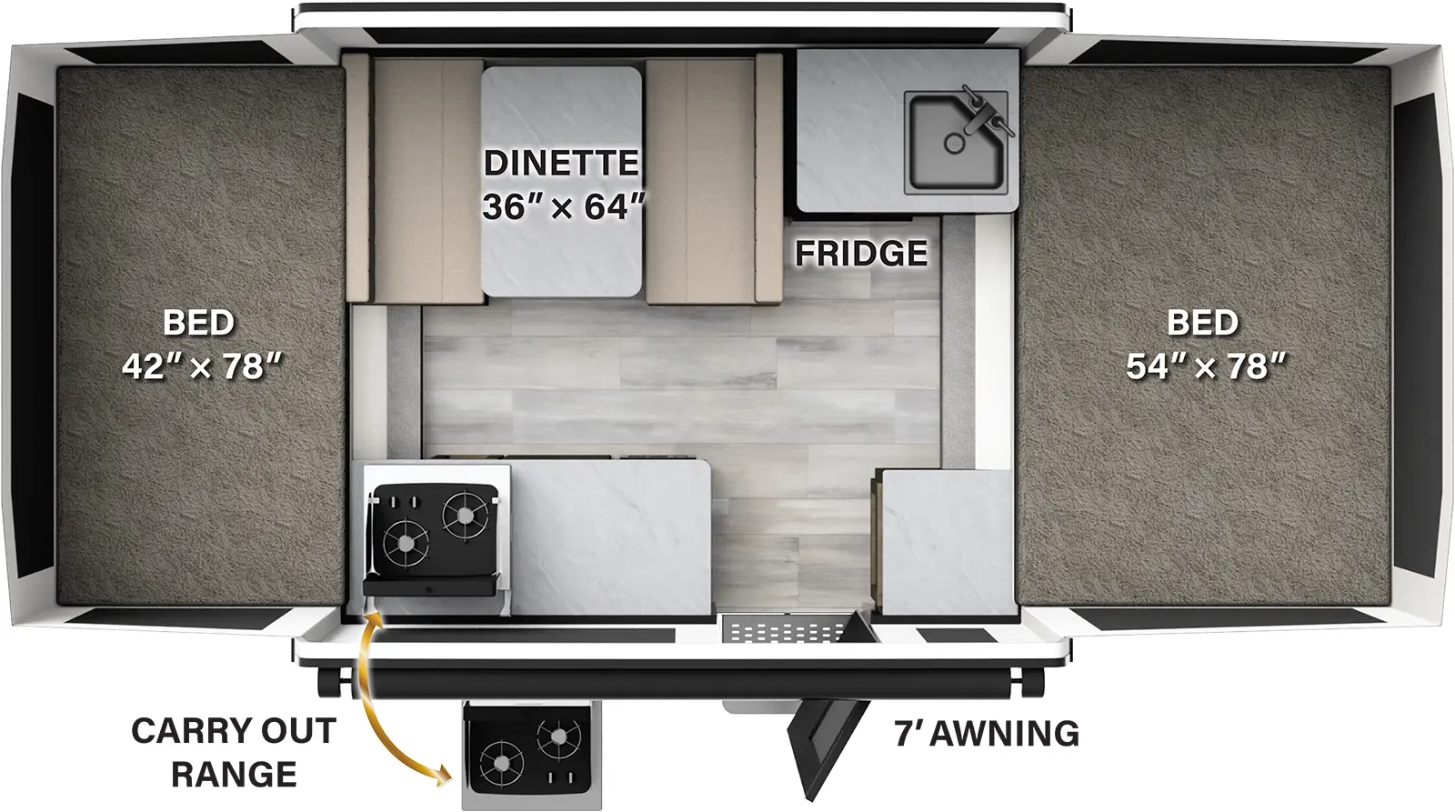 The 176LTD has no slideouts and one entry door. Exterior features a 7 foot awning and a carry out range. Interior layout front to back: tent bed; kitchen area with sink, refrigerator, dinette, two cabinets, and a carry out range; rear tent bed.